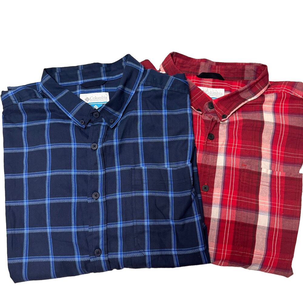Set of 2 Columbia Men XXL Button Down Long Sleeve Shirts Blue Red Plaid Outdoor